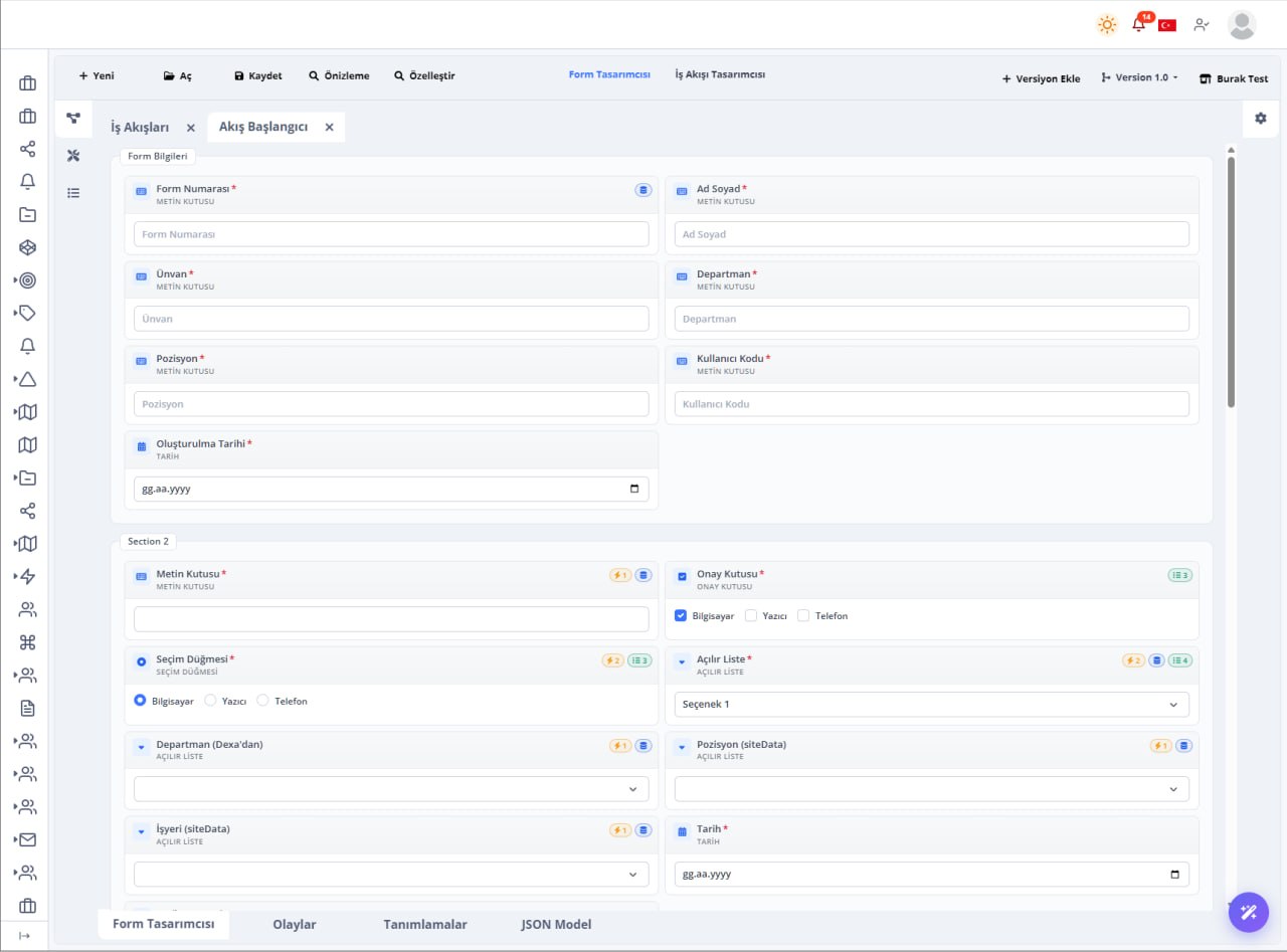 Devoplus BPM form tasarımcısı ekranı — sürükle bırak form oluşturma ve alan yapılandırması