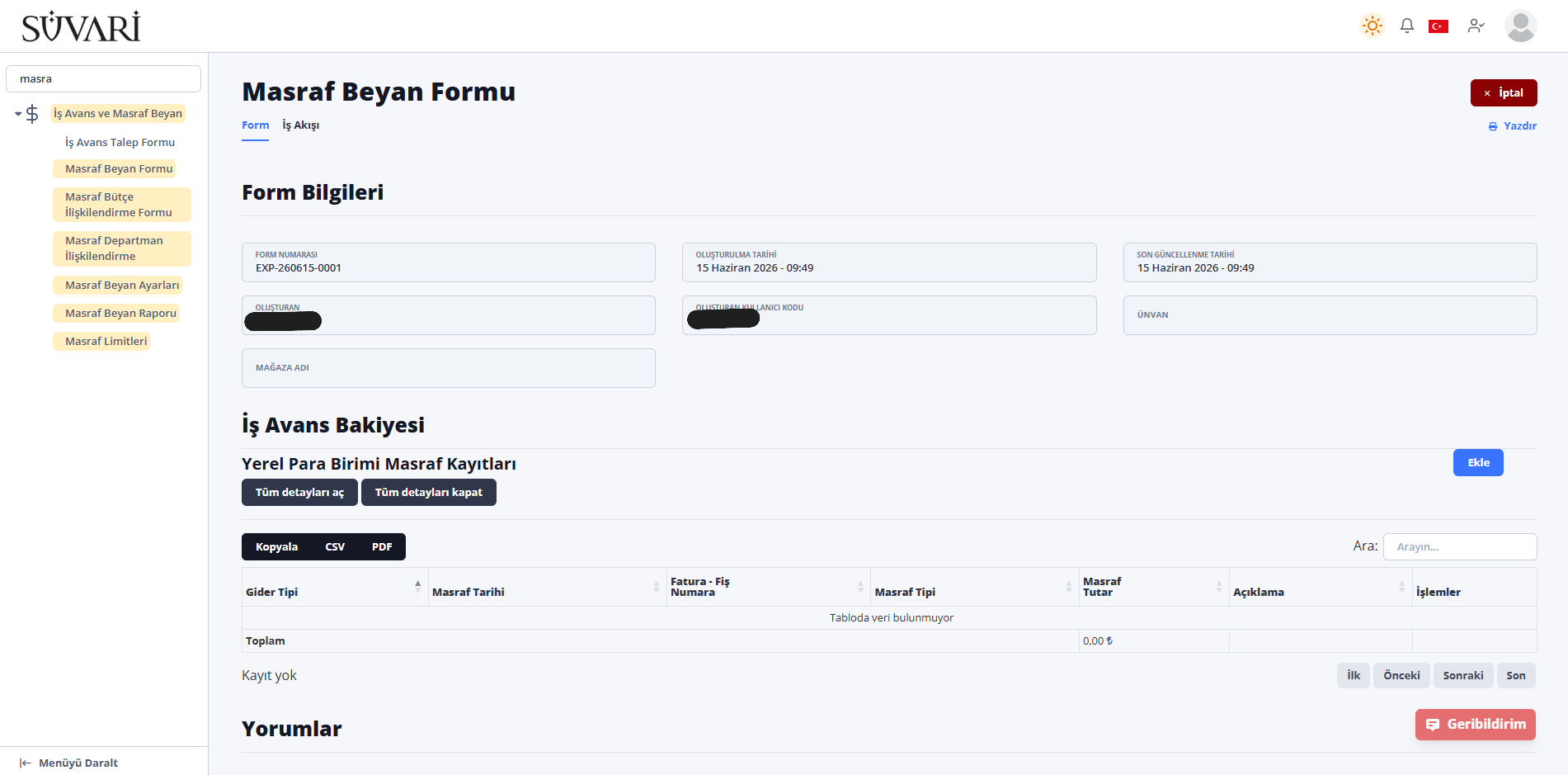 Devoplus Masraf Yönetim Sistemi masraf formu — kategori, tutar, fiş yükleme ve açıklama alanları
