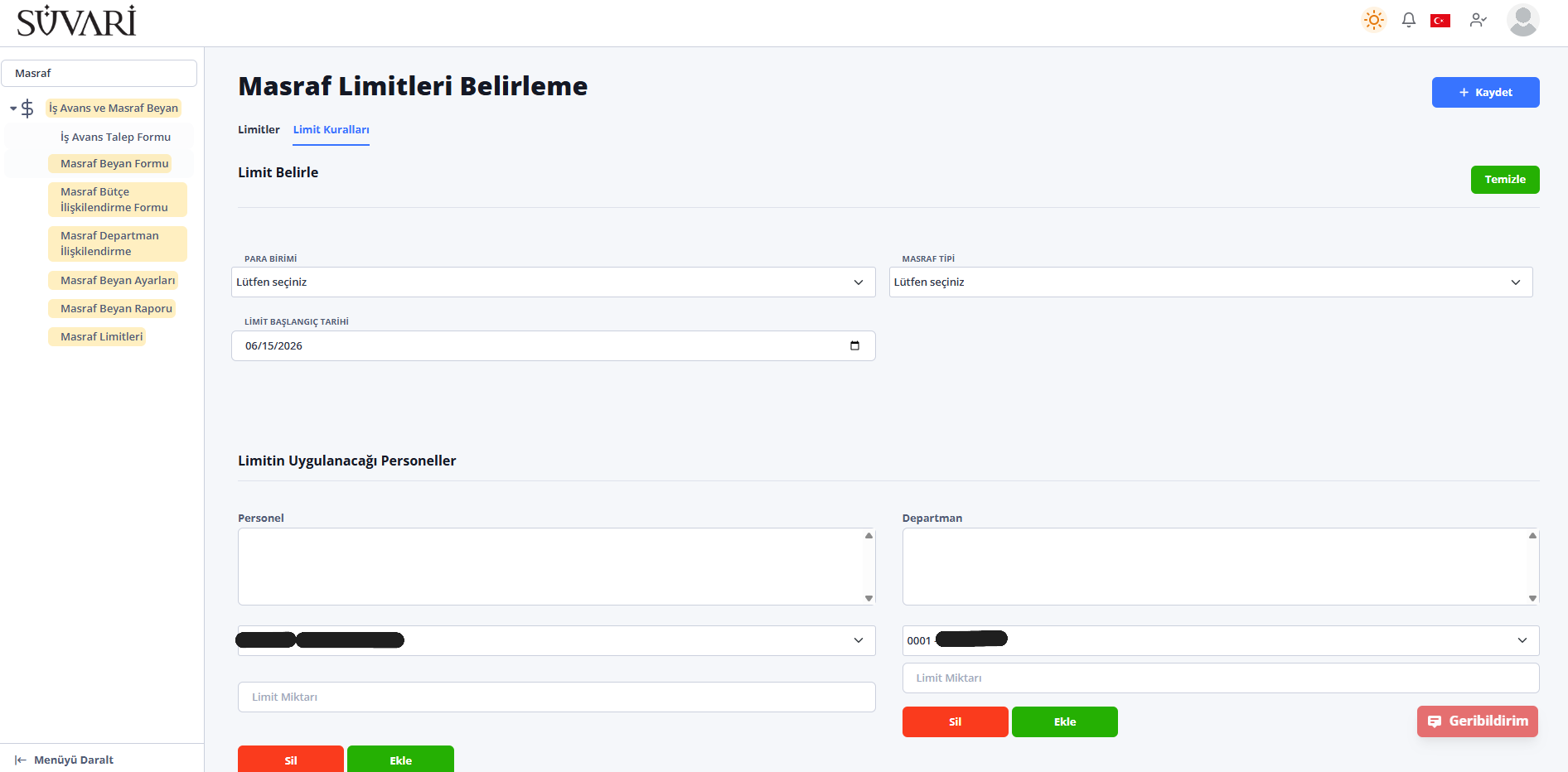 Devoplus Masraf Yönetim Sistemi limit ve yetkilendirme ekranı — departman bazlı onay limitleri