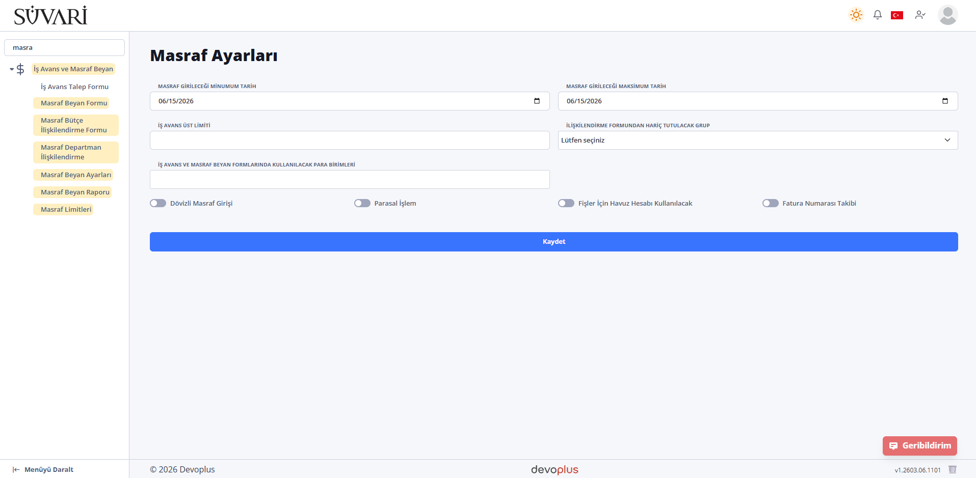 Devoplus Masraf Yönetim Sistemi masraf politikası ve kural ayarları ekranı