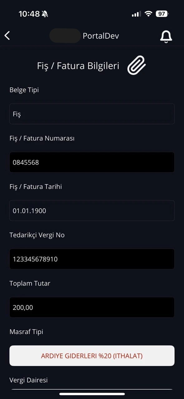 Devoplus Masraf Yönetim Sistemi yeni masraf girişi ekranı — kategori, tutar, fiş yükleme ve açıklama alanları
