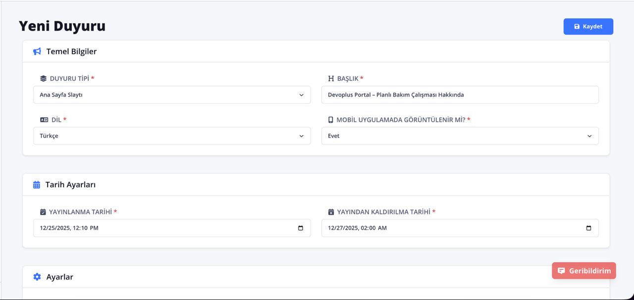 Devoplus Kurumsal İletişim Portalı ana ekranı — duyuru akışı, hızlı erişim ve çalışan iletişimi