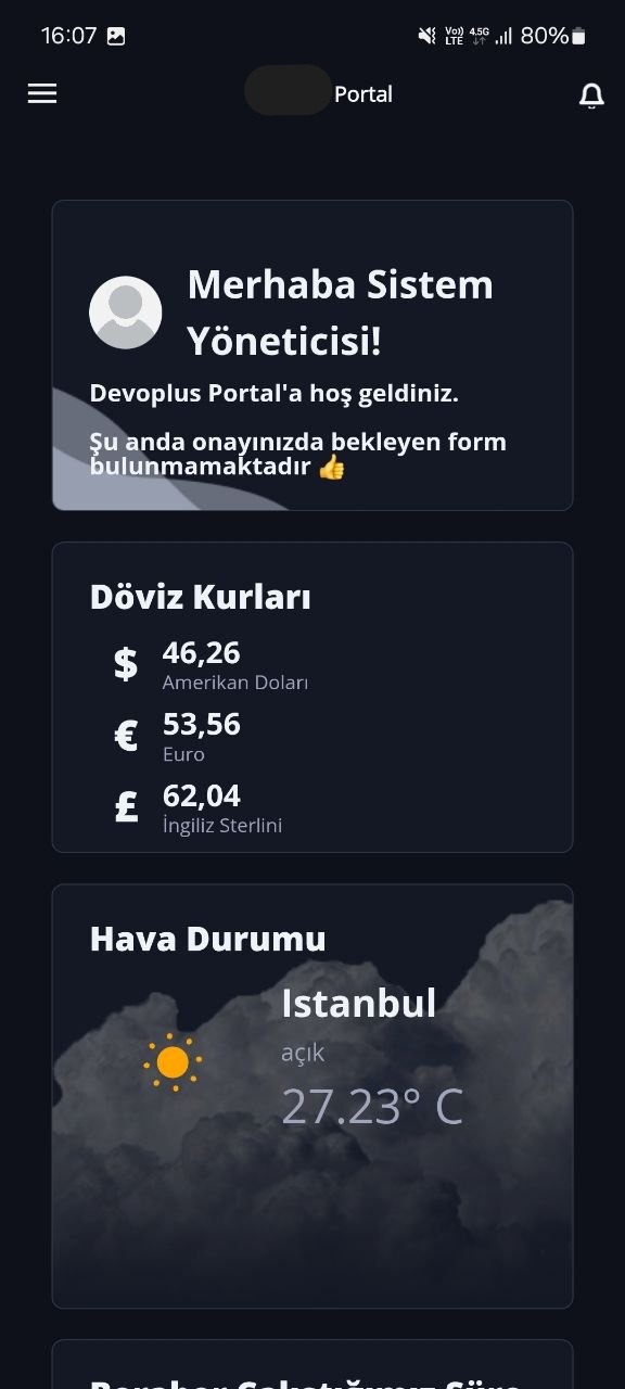 Devoplus Kurumsal İletişim Portalı mobil uygulama ana ekranı — duyurular ve hızlı erişim bağlantıları